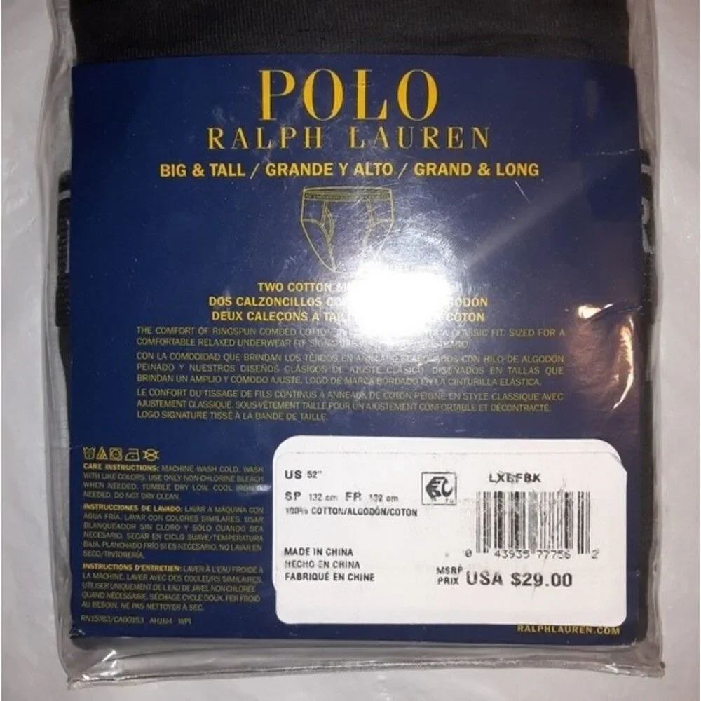 Polo Ralph Lauren 2-Pk Size 52 Waist Black Mid Rise Briefs NWT